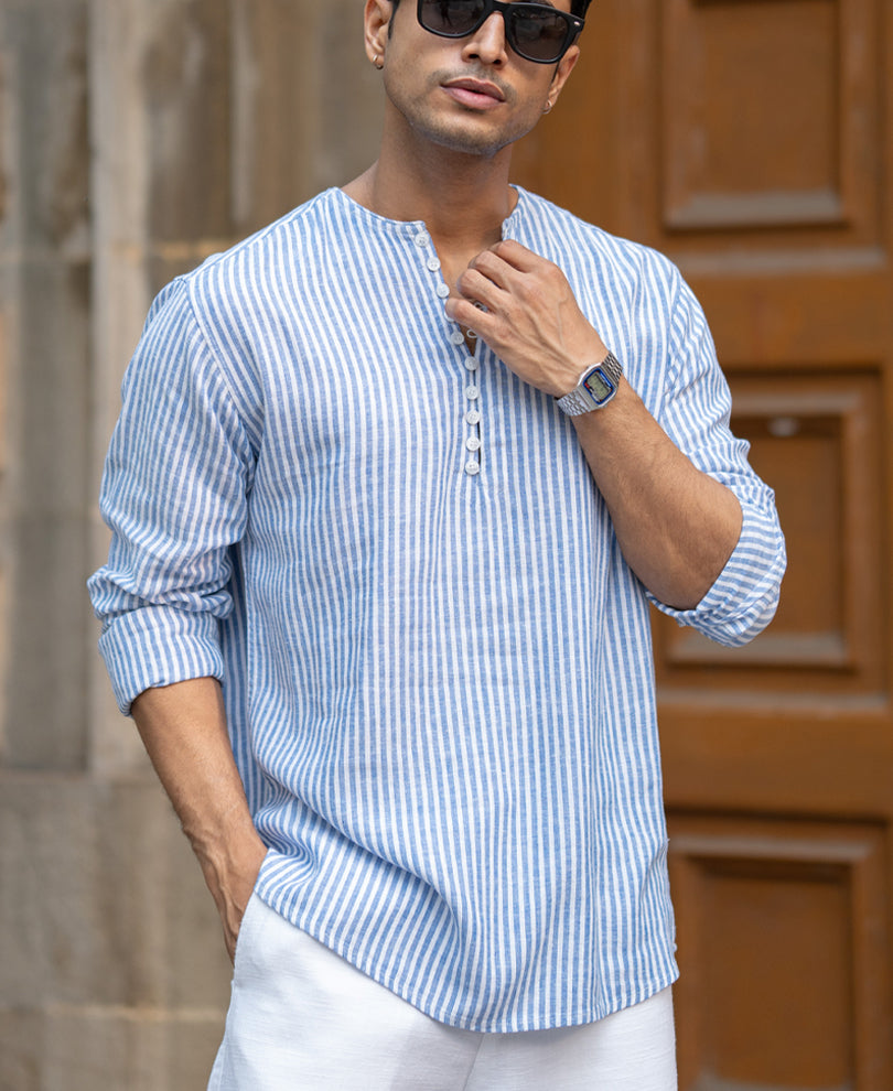 Blue Striped Linen Blend Kurta Shirt