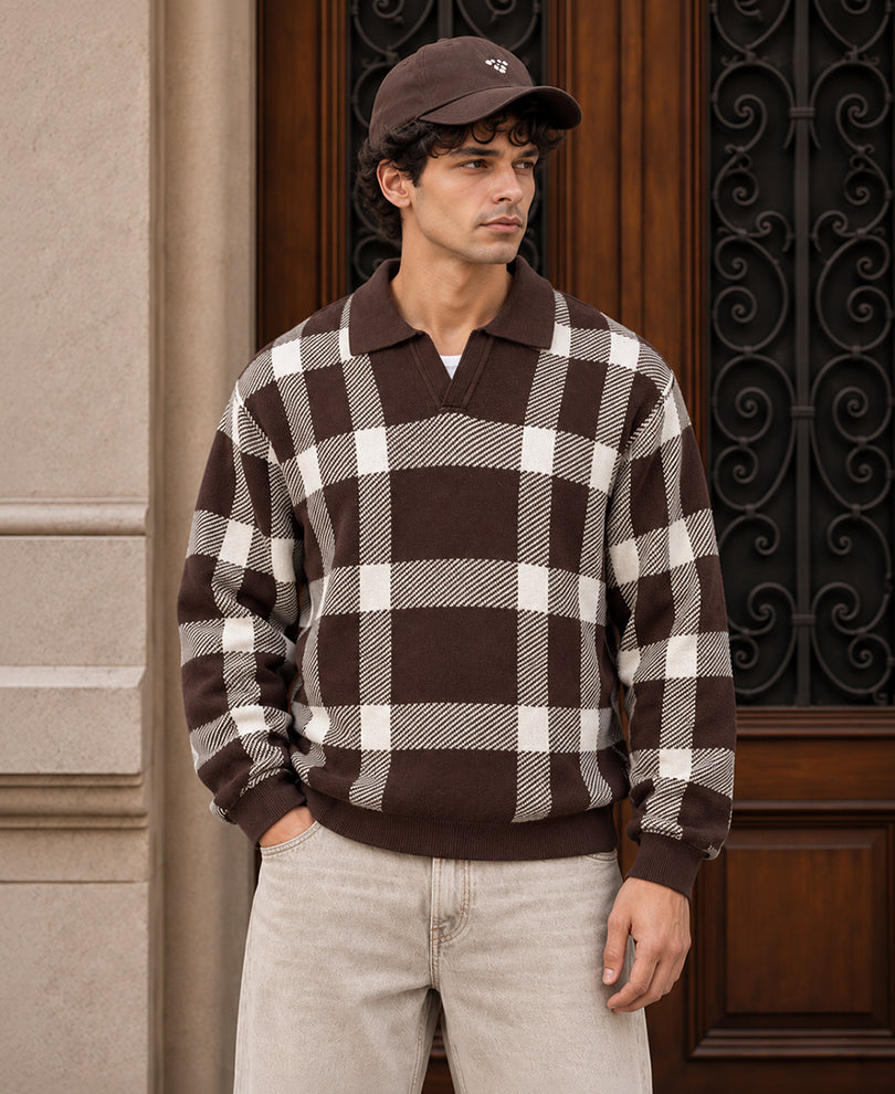 Brown Checks Knitted T-Shirt