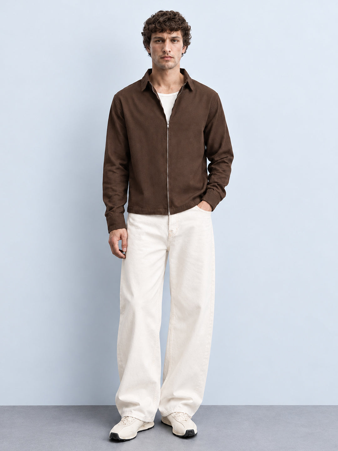 Brown Linen Blend Zipper Shirt