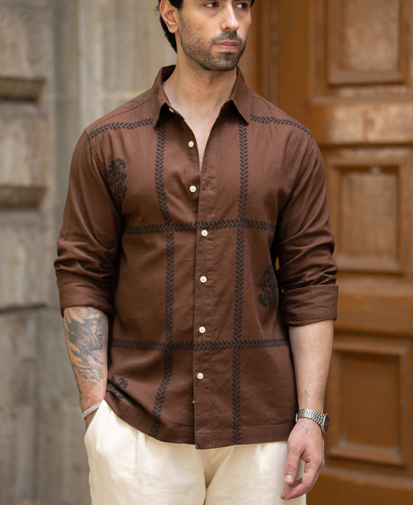 Brown Embroidered Shirt 100% Cotton