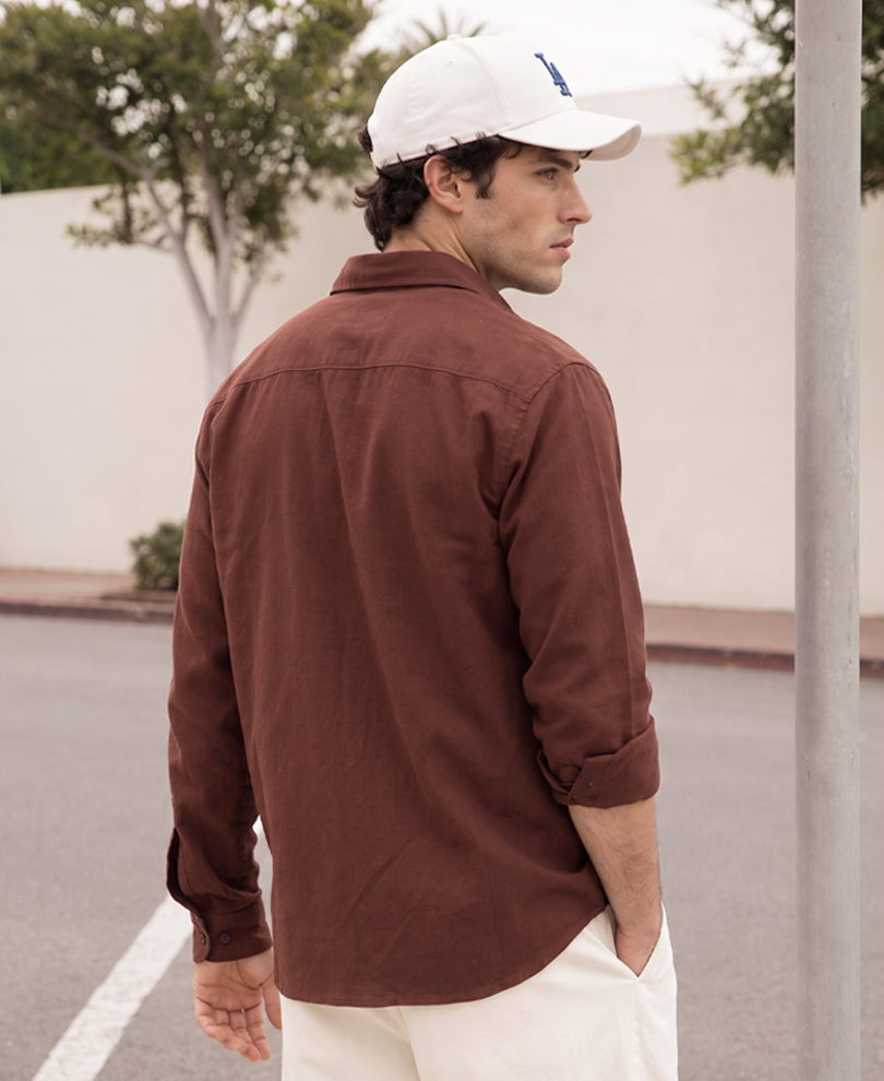 Brown Embroidered Patch Linen Blend Shirt