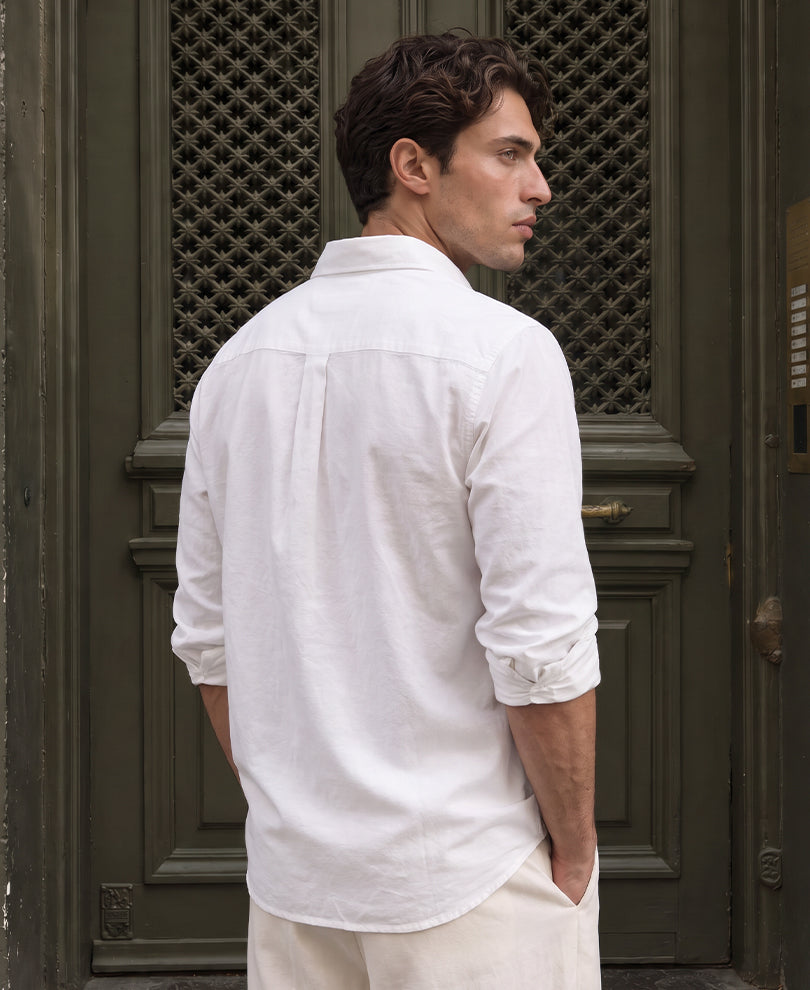 White Embroidered Patch Linen Blend Shirt