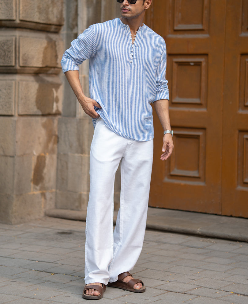Blue Striped Linen Blend Kurta Shirt