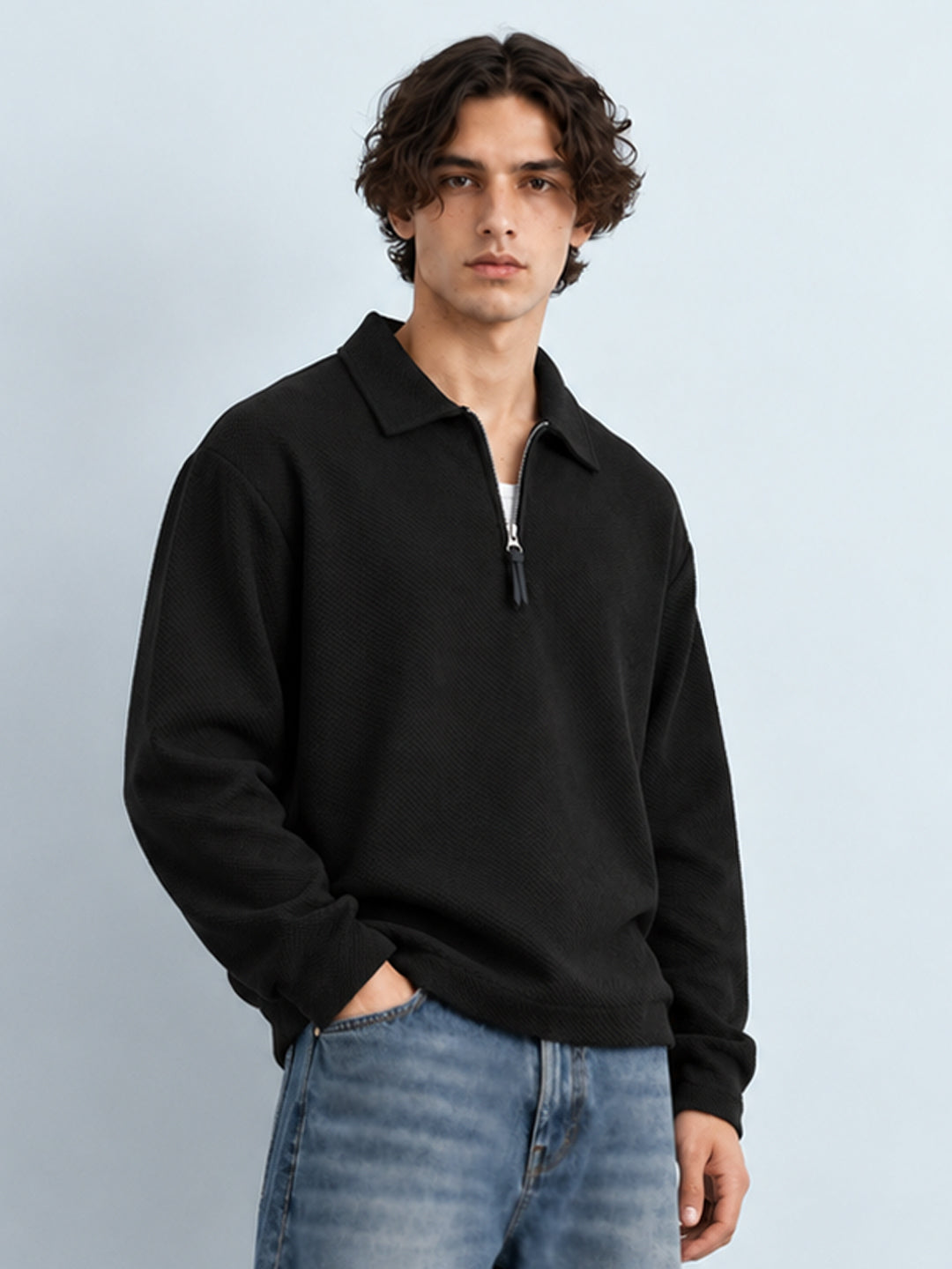 Black Structured Zipper T-Shirt