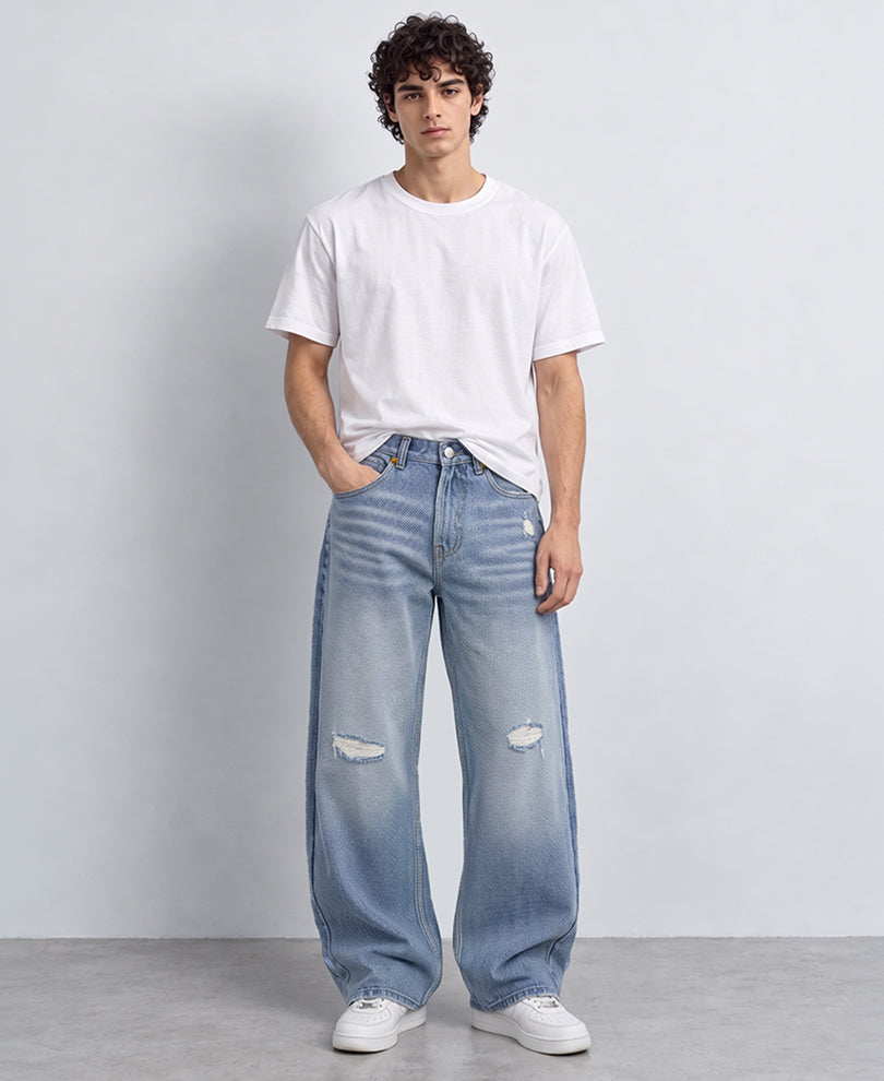 Blue Distressed Washed Baggy Jeans