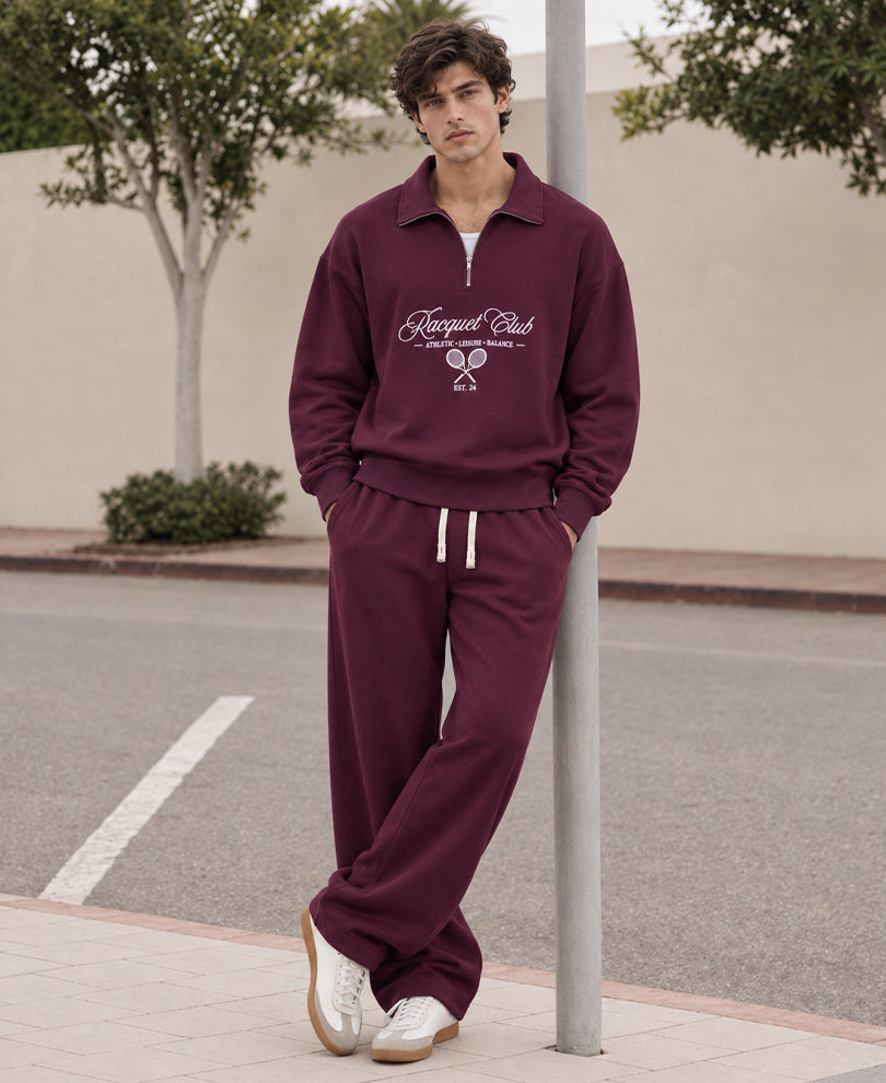 Wine Embroidered Zipper Sweatshirt