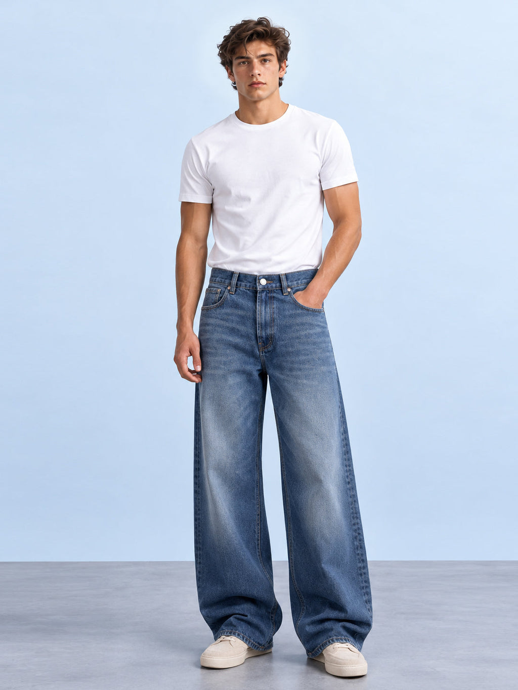 Mid Blue Washed Baggy Fit Jeans