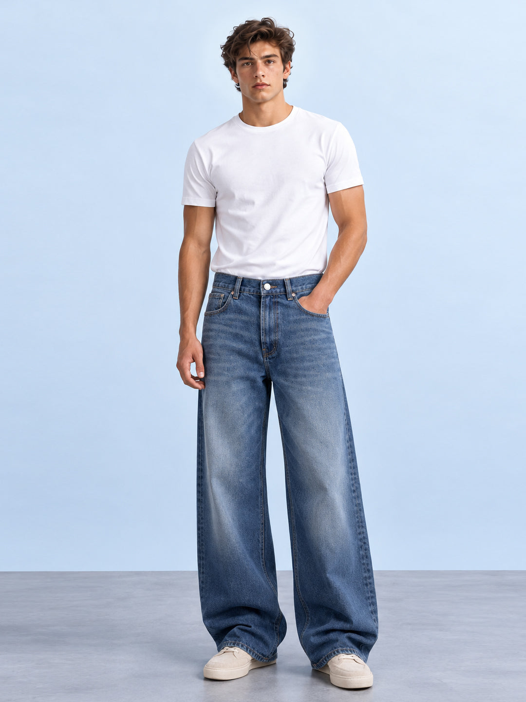 Mid Blue Washed Baggy Fit Jeans