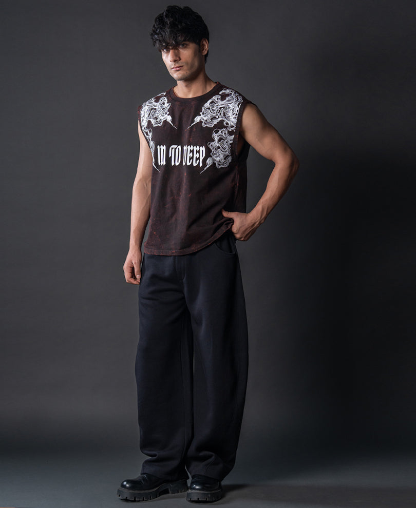 Washed Brown Printed Drop Shoulder Sando 100% Cotton