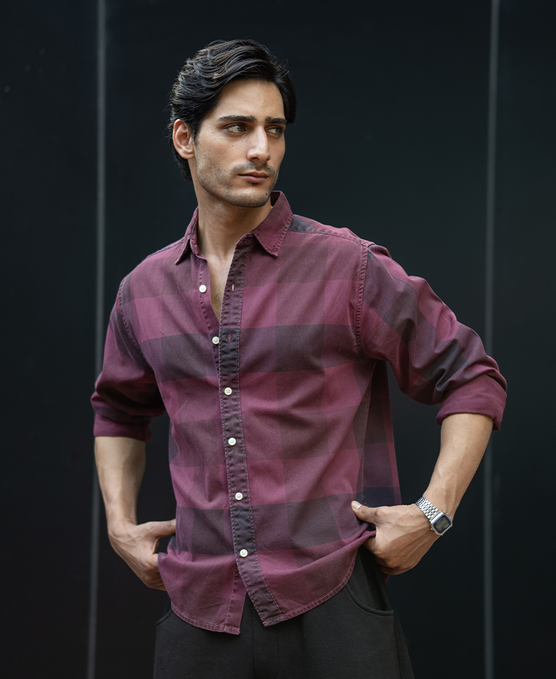 Burgundy Overdyed Checks Shirt 100% Cotton