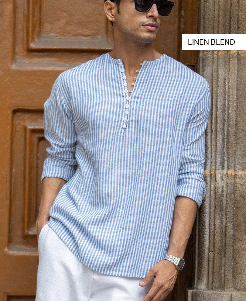 Blue Striped Linen Blend Kurta Shirt