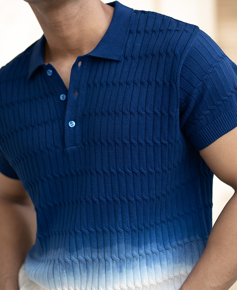 Blue Ombre Knit Polo T-Shirt 100% Cotton
