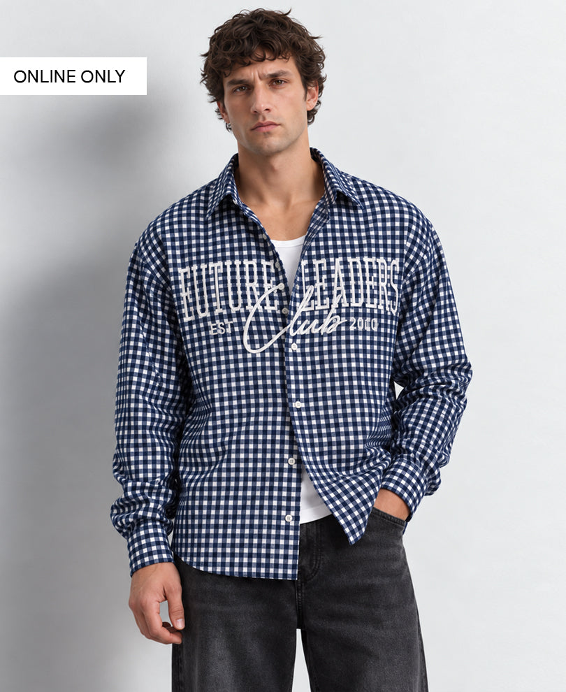 Blue Embroidered Micro Checks Shirt